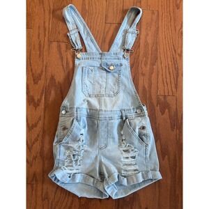 No Boundaries Bib Shortalls Denim Jean Overall Shorts Olive Green Size M 7-9